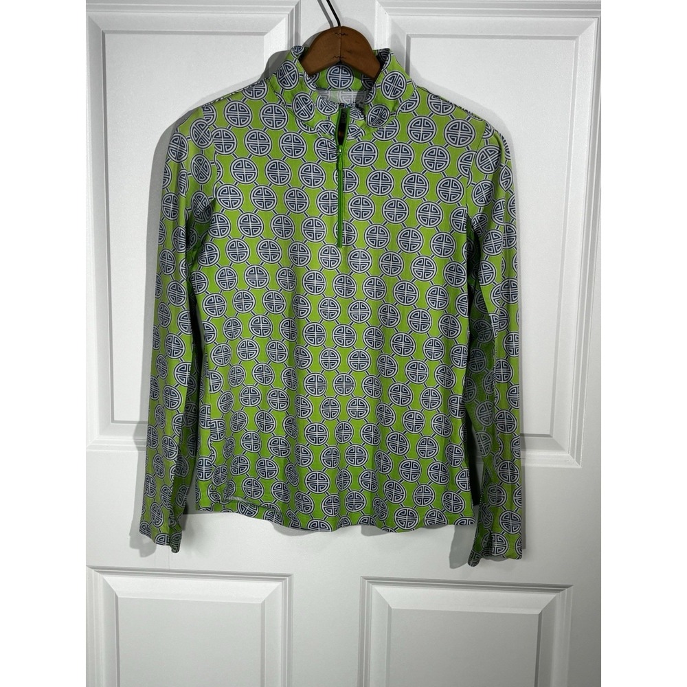IBKUL Quarter Zip Pullover Women S Green Blue Geometric Pickle Ball Preppy